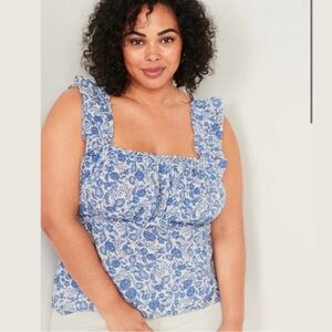 Blue and white floral square neck babydoll blouse